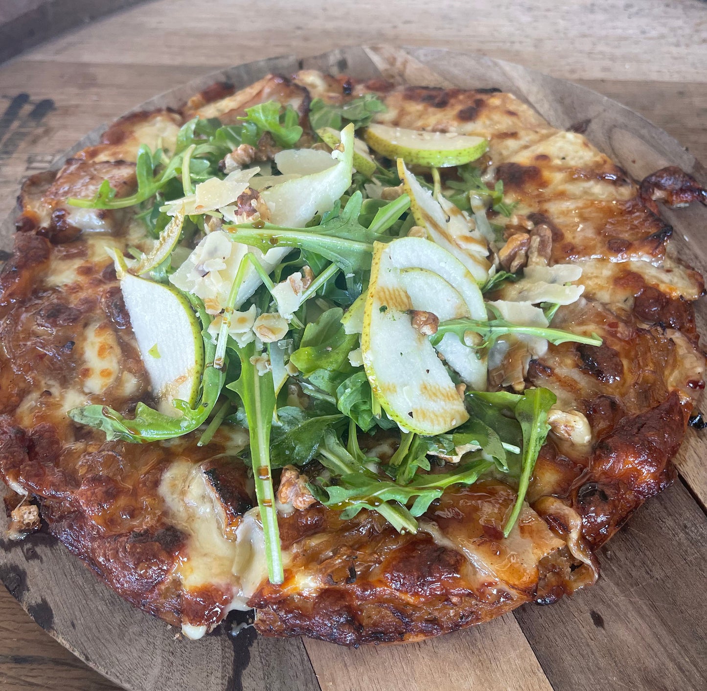 Sticky Pork belly Pizza & Rocket, Walnut & Pear Salad